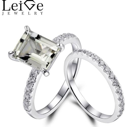 Leige Jewelry 925 Sterling Silver Green Amethyst Engagement Ring Set for Women Emerald Cut Natural Gemstone Rings Fine Jewelry