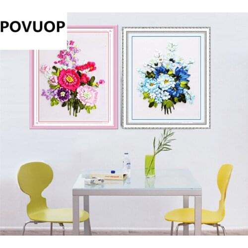 POVUOP Ribbon embroidery 30X40cm fashion flower paintings flower print 3d intergards the cross stitch