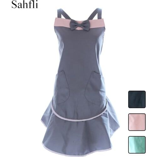 Simple Mixed Color Japanese Style Skirt Design Bowknot Decoration Waterproof Sleeveless Apro with Double Sides Pockets Household