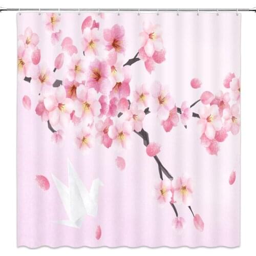 Spring Flower Themed Shower Curtains Bathroom Decor Pink Cherry Blossoms Home Bathtub Polyester Hanging Curtain With Hooks Cheap