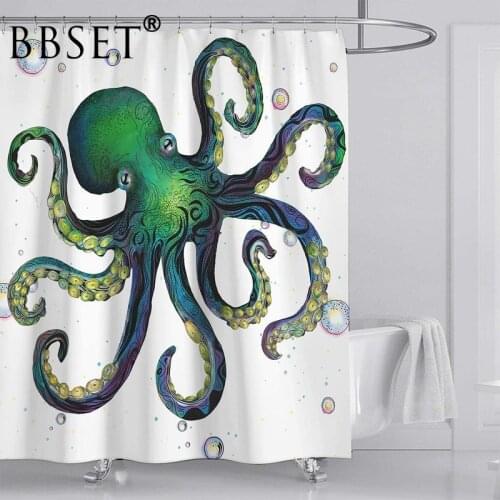 Octopus Shower Curtain Cute Green Big Octopus Pattern Waterproof Multi-size Cortina De Bano Bathroom Decor with 12 Hooks