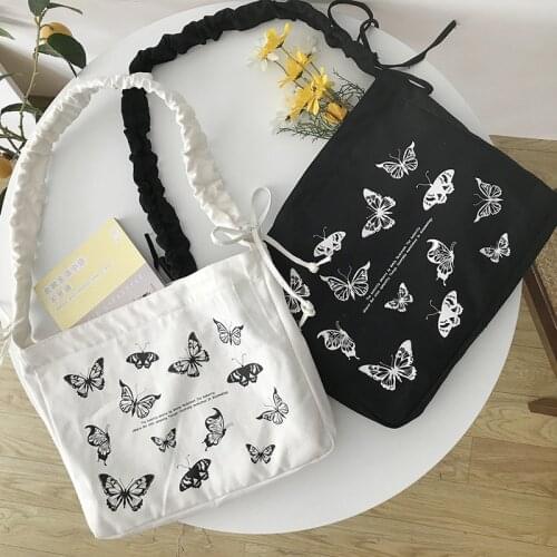 Fashion Butterfly Women Canvas Bag Cotton Cloth Fabric Crossbody Bags Lady Large Capacity Shoulder Bag Drawstring Strap #25