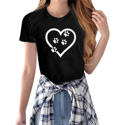 Women Girl Summer Tshirt Casual Crewneck Tops Tee Shirts Heart-shaped Print Animal Footprints Tshirt Camiseta Mujer Verano #P3