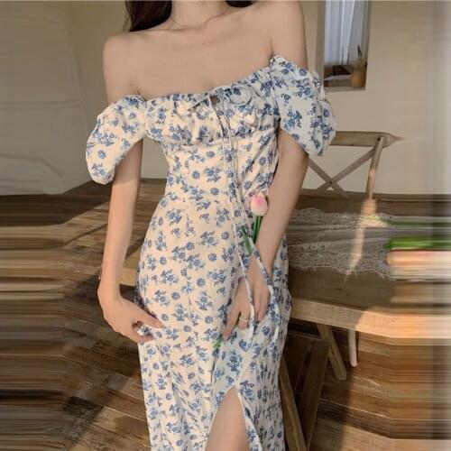 Women Clothing Summer Sexy Fashion Bubble Sleeve Floral Lace-up High Split Long Dress Vestdio Vintage Korean Elegant