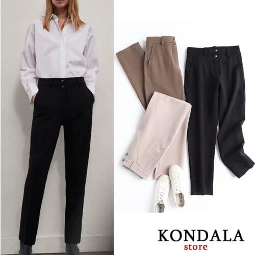 KONDALA Za 2020 Women Pants Office Lady High Waist Button Pants Thick Winter Solid Straight Trousers Mujer