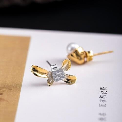 VLA Real 925 Silver Creative Withered Lotus Earrings Womens Fashion Asymmetric Pearl Flower Earrings Accessories Factory Supply
