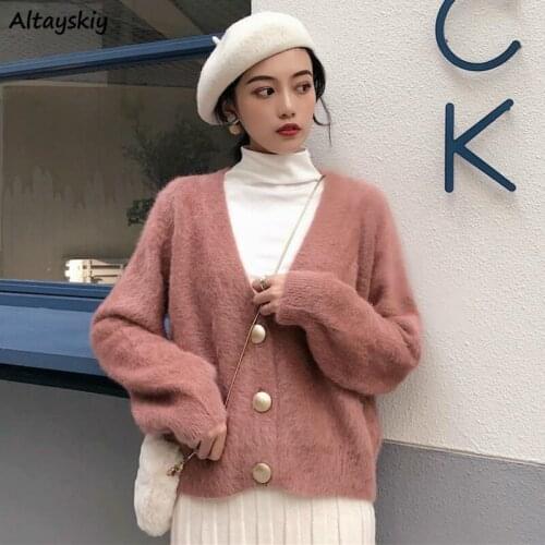 Sweaters Women Elegant Chic Fall Winter Holiday Solid Simple Vintage Ladies Cropped Cardigans Single Breasted Ins Femme Knitwear