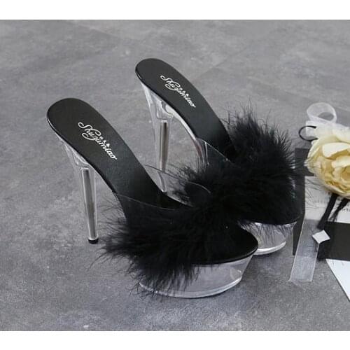 Shoes Women 2019 Mao Mao Sexy Super High Heel 15CM Fine with Waterproof Table Slippers Transparent Crystal Shoes Wedding Banquet