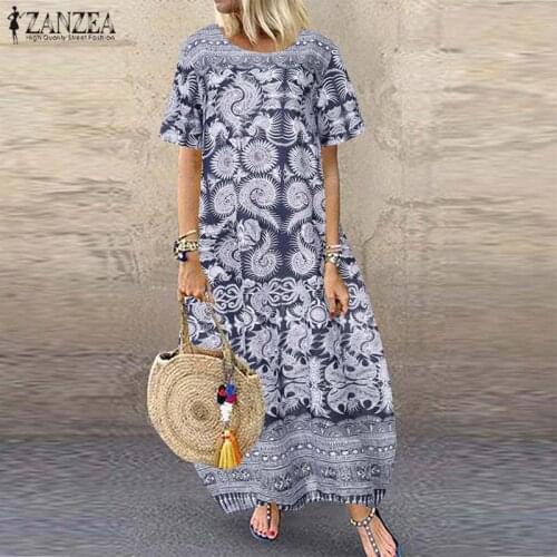Womens Sundress Casual Vintage Print Maxi Dress ZANZEA 2021 Kaftan Floral Short Sleeve Summer Vestidos Female Baggy Party Robe