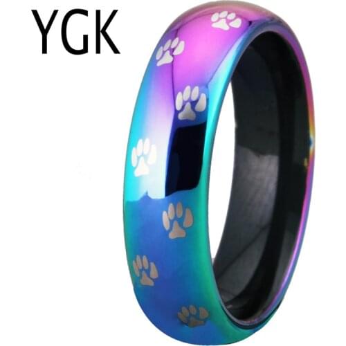 Womens Wedding Band Engagement Ring 6mm Cute Dog Cat Paw Rings Pure Tungsten Rainbow Animal Ring Anniversary Gift Party Ring