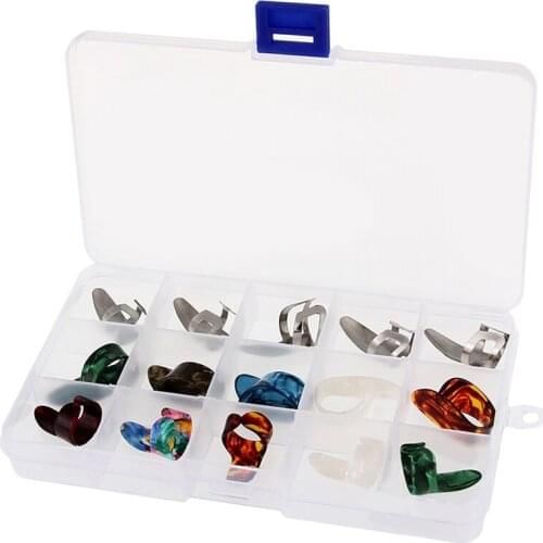 15Pcs/Set Celluloid Metal Finger Thumb Guitar Picks Plectrums 5 Thumb + 10 Finger with Case Cover for Acoustic Electric Bass Gui