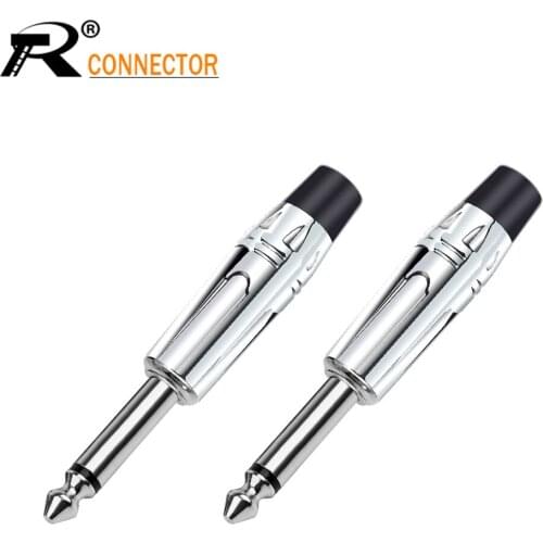 2pc 6.3MM Male Plug Connector Mono Jacks 2Poles Nickel Plated 1/4 Inch Plug Connector for MIC Guitar