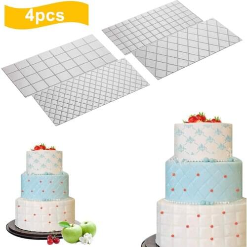 4pcs Cake Fondant Imprint Mat Quilted Grid Texture Embossed Lace Embossing Mold Cupcake Decorating Supplies Paste Baking Mould