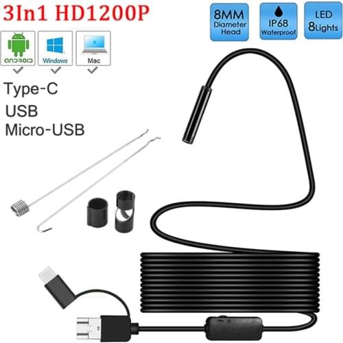 8mm lens Camera Endoscope HD 1200P IP68 2M Hard Flexible Tube Mirco USB Type-C Borescope Video Inspection for Android Endoscope