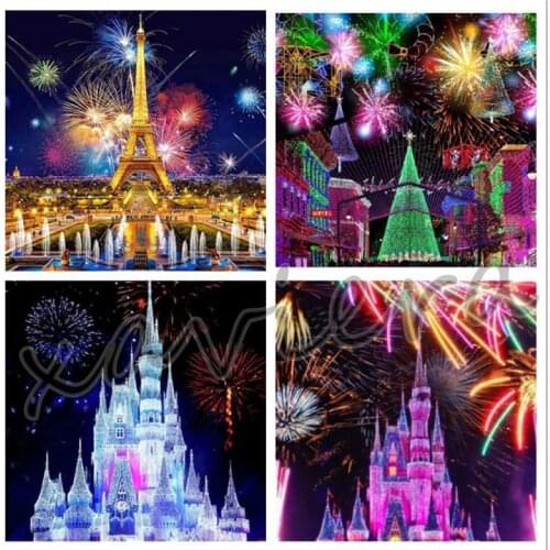 Xaviera 5D Diy Diamond Painting Castle Fireworks Eiffel Tower Full Drill Cross Stitch Kit Embroidery Gift Living Room for Decor