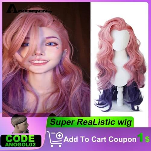 ANOGOL LoL Seraphine Cosplay Wig KDA Cosplay Loose Wave Straight Pink Mixed Purple Wigs Heat Resistant Synthetic Hair Game