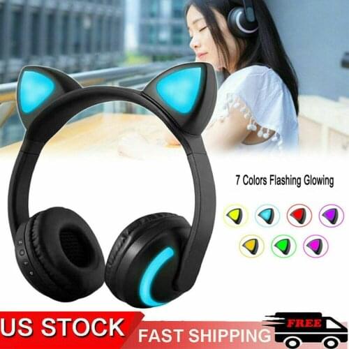 Bluetooth Wireless Headphones Cat Ear Headband LED Lights Headphones Sports Waterproof Earbuds Headsets With Microphone