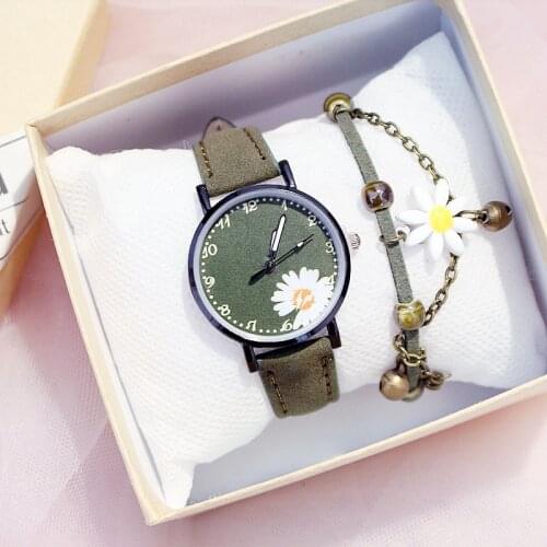 Hot Sales Dress Womans Watch Daisy Flowers Cute Ladies Wristwatch Bracelet Set Casual Matte Leather Female Watches reloj mujer