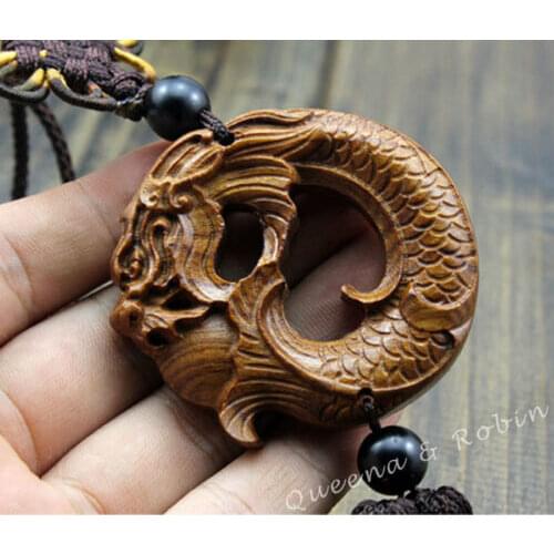 Wood Carved Chinese Dragon Carp Statue Car Pendant Amulet Sculpture Wooden Craft