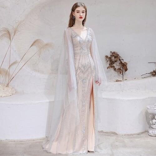 Dubai Evening Dresses 2021 Champagne with sliver Beading Crystal Luxury V-Neck Sexy Mermaid Formal Gown