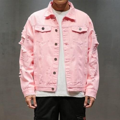 New Plus Size 5XL Pink Black Ripped Denim Jeans Jackets Hip Hop Streetwear Holes Casual Fashion Men Women Distressed Solid Coat