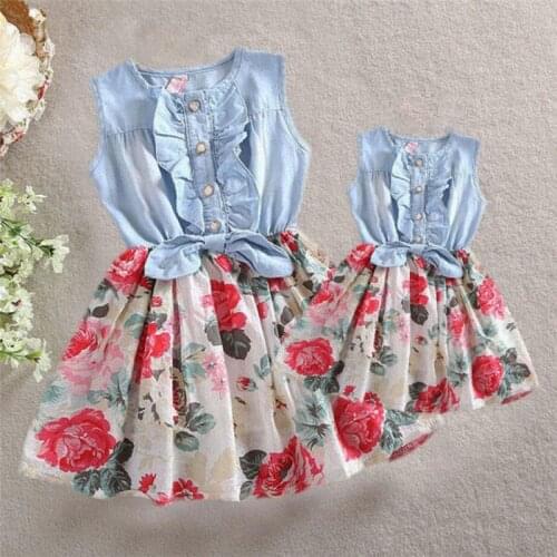 Summer Mother and Daughter Floral Printed Sleevless Dress Family Matching Women Kid Girls Casual Patchwork Denim dresses Clothes