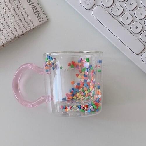 Korean Double Layer Love Quicksand Glass Cup Cute Girl Heart Creative Water Cup Transparent Juice Goblet