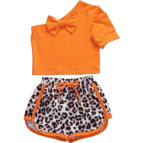 Girl Suit Summer Baby Girl Clothing Set Fashion Casual One-Shoulder Short-Sleeved T-Shirt +Leopard Print Shorts Children Clothes