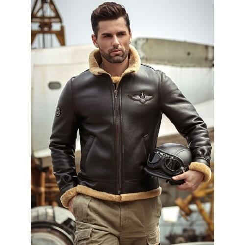 2019 New Mens Brown B3 Shearling Jacket Thicken Sheepskin Coat Winter Fur Coat Mens Leather Jacket Motorcycle Jacket