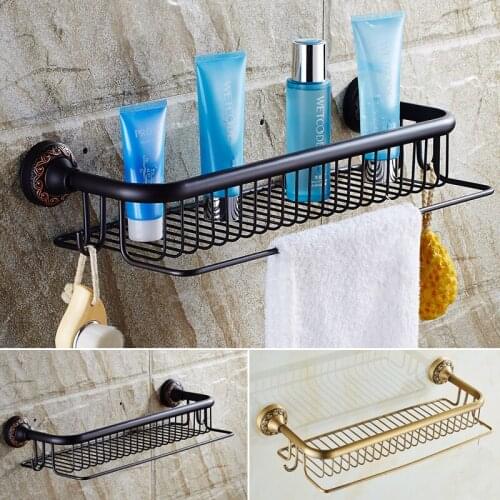 Copper Antique Carved Bathroom Organizer Bathroom Shower Storage Rack 50cm Wall-mounted Single-layer Corner Shelf Shelf Basket