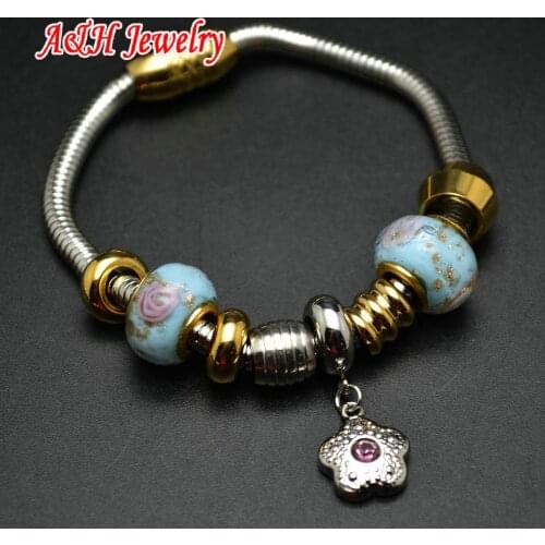 Many Styles New Summer Jewelry Snake Chain With Big Hole Beads Lovely Heart Charms Women Bracelets #30
