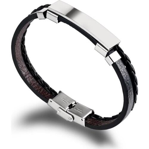 2021 Fashion Jewelry Retro Black Woven Multilayer Leather Bracelet Cuff Charm Stainless Steel Mens Bracelet Accessories