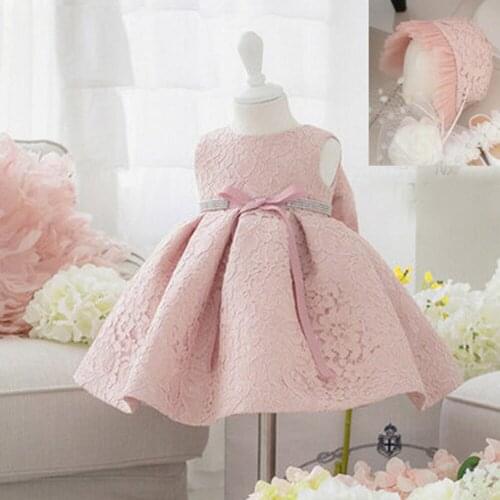 Girls Dress Baby Girl Kids Toddler Princess Bow Lace Wedding Birthday Infantil Formal Party Dresses+Cute Hat 3M 6M 12-24M S9011