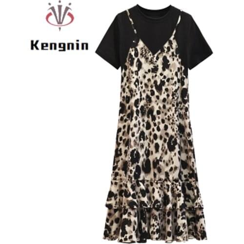 Casual Womens Dresses Plus Size Dress Loose Dresses Summer 2021 Ladies Fake Two Piece Maxi Dress Patchwork Leopard Dress KE1369