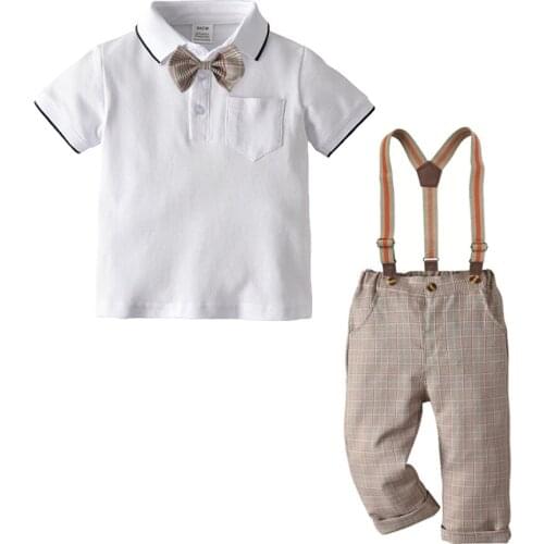 2020 Baby Boy Suits Casual Short Sleeve T-shirt Plaid Overalls Toddler Boys Clothing Sets 1 2 3 4 5 Years Baby Child 2pcs Summer