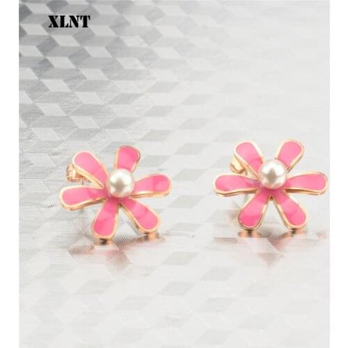 XLNT Fashion Style Flower Stud Earrings 2019 New imitation Pearl Stainless Steel Earrings For Women Gift