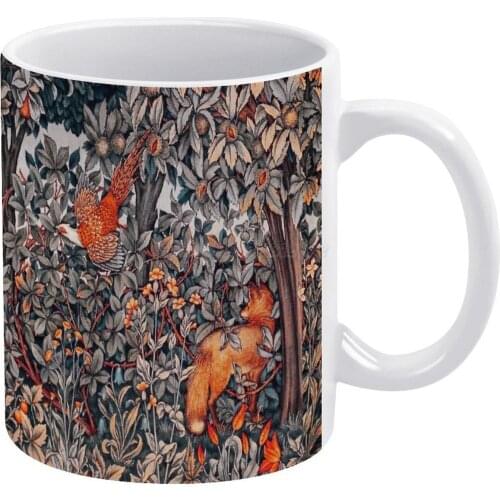 GREENERY , FOREST ANIMALS Pheasant And Fox Red Black White Floral Tapestry White Mug New Good Quality Print Mug 11 Oz Coffee Cu