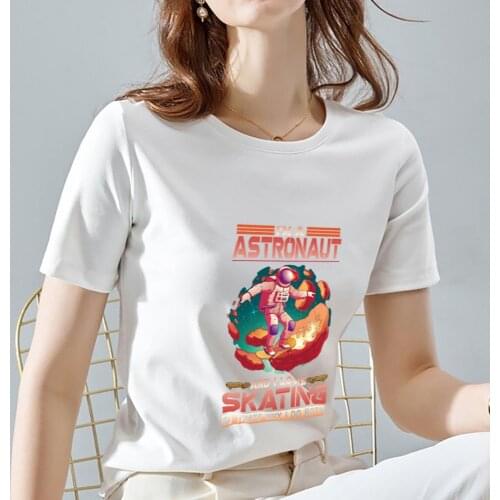Womens Fashion Commuter Summer Casual White Shirt Mars Cartoon Astronaut Print Short Sleeve Ladies Comfortable Top T-shirt
