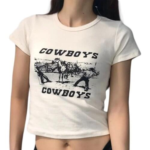 Women’s Casual Short Sleeve T-shirt Fashion Cowboy Letter Print Exposed Navel Pullover Tops