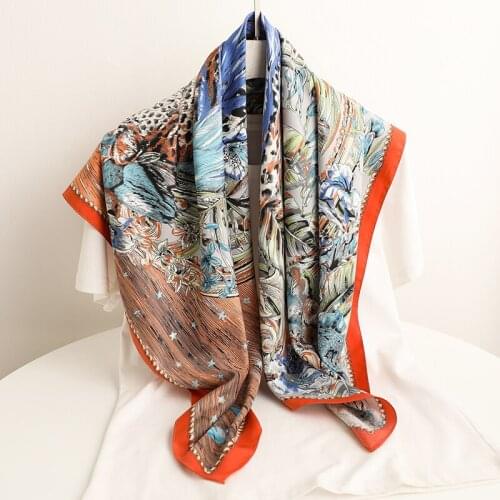 2021 Women Twill Square Scarf Shawl Fashion Print 90*90cm Large Kerchief Foulard Headband Bandana Lady Summer Beach Wrap Scarves