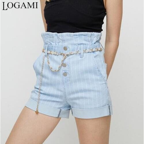 LOGAMI High Waist Stripe Short Jeans for Women Elastic Waist Elegant Denim Shorts Woman Casual Shorts 2020