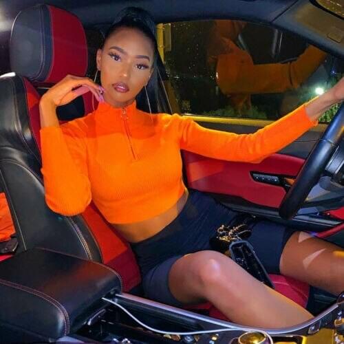 Womens Zipper Tops Ladies Sexy Cropped Navel T-shirt Casual Long Sleeve Blouse Slim Top Sweatshirts