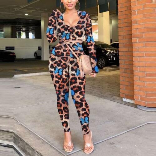 2020 Fashion Sexy Leopard Butterfly Printed Lady 2 Pcs Slim Set Full Sleeve Sweatshirt With Hat Crop Top + High Waist Long Pants