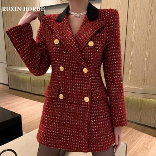Elegant Temperament V-Neck Double-Breasted Button Commuter 2021 Spring Ladies French New Fashion Red Suit Beautiful Waist Dress