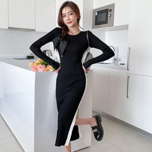 Fashion Korean Autumn Knitted O-Neck Long Sleeve Split Midi Dress Women OL Elegant Streetwear Basic Bodycon Skinny Female Dress