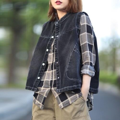 Korean Style Women Autumn Fashion Casual Wild Stand Collar Vest Female Solid Color Vintage Patchwork Sleeveless Denim Waistcoat