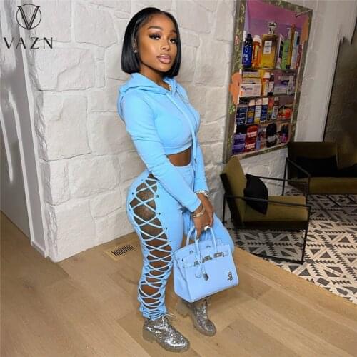 VAZN 2021 Autumn High-end Sexy Solid Open Cross Bandage Hooded Full Sleeve Top Long Pants Skinny 2 Piece Set Slim For Women
