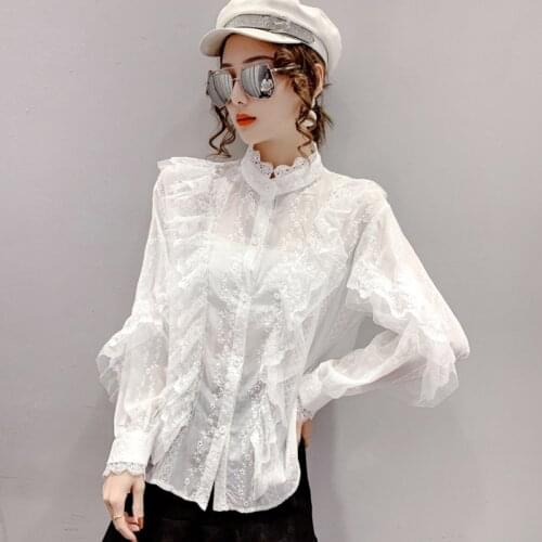 #8322 White Beige Lace Shirt Women Stand Collar Casual Vintage Chiffon Shirt Lantern Long Sleeves Sexy Women Shirts Thin Loose