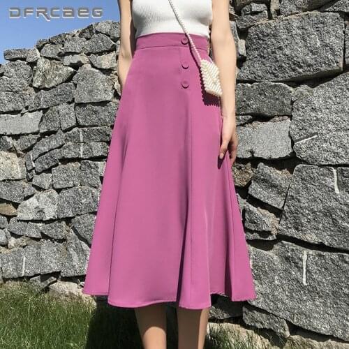 Black Casual Women A-Line Long Skirt With Button 2021 High Waist Summer Korean Style Elegant Skirts Clothes Female