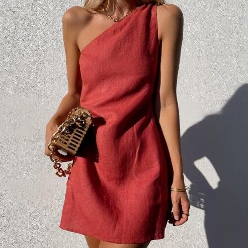 Elegant and Fashionable Summer Sexy One-shoulder Asymmetric Diagonal Collar Cotton and Linen Casual Mini Dress Loose Comfortable